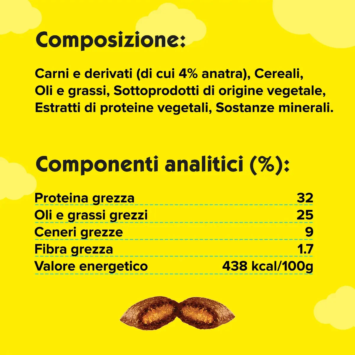 Etichetta gialla con composizione e valori nutrizionali dello snack Catisfactions gusto anatra Etichetta gialla con composizione e valori nutrizionali dello snack Catisfactions gusto anatra